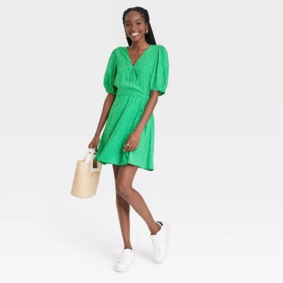 2/$20 A New Day Women's Puff Short Sleeve Wrap Dress - Green - Picture 3 of 6